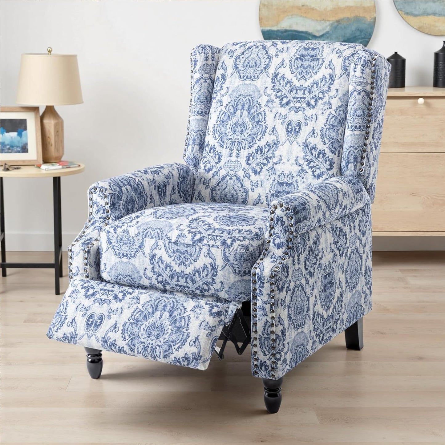 UIXE Floral Pushback Recliner Chairs Set of 2, Fabric Upholstered Armchair Push Back Accent Chair for Living Room, Rivet Trim Club Chair Home Theater Single Sofa Reading Seat - Navy Blue