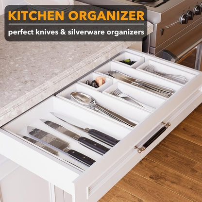 SpaceAid 7-Piece Bamboo Drawer Organizer Storage Boxes Set, Wood Tray Junk Drawer Organizers Multi-Use Divider Bins for Kitchen, Bathroom, Office Desk and Makeup Organization (7 Pack, White)