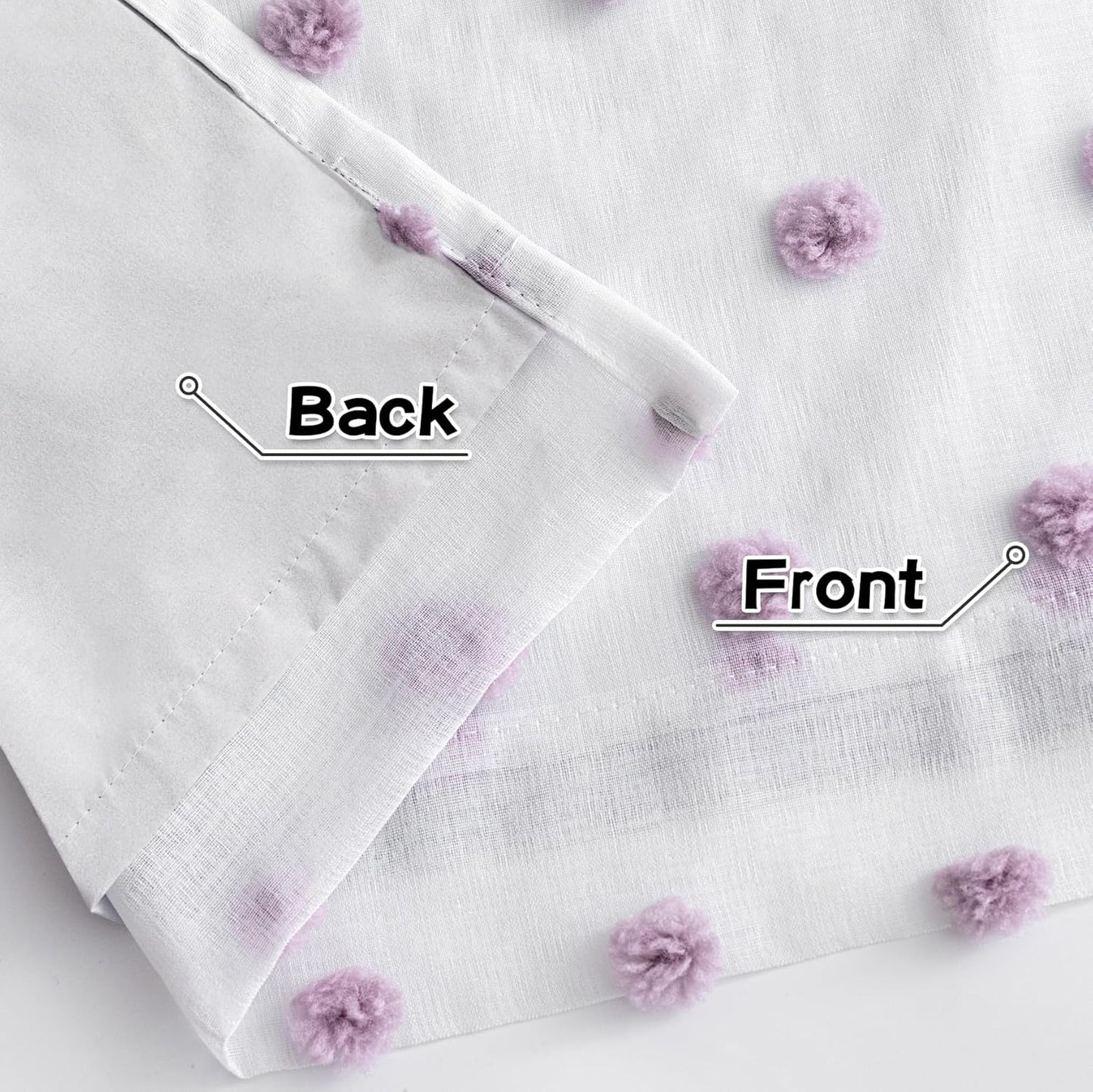 MYSKY HOME 100% Blackout Curtains for Nursery Thermal Insulated Purple Pom Pom Curtains 72 Inch Long for Girls Bedroom 2 Panels White Sheer Curtains for Kitchen Dining Room Door Grommet, 52 x 72 in