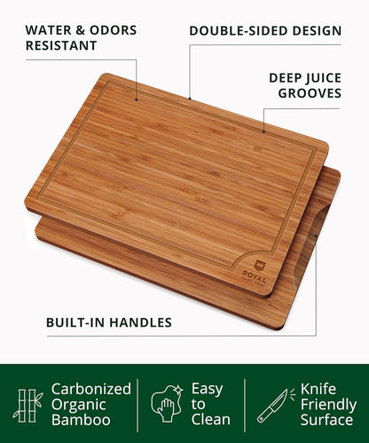 ROYAL CRAFT WOOD Wooden Cutting Boards for Kitchen Meal Prep & Serving - Bamboo Wood Serving Board Set with Deep Juice Groove Side Handles - Charcuterie & Chopping Butcher Block for Meat (3 Pcs)