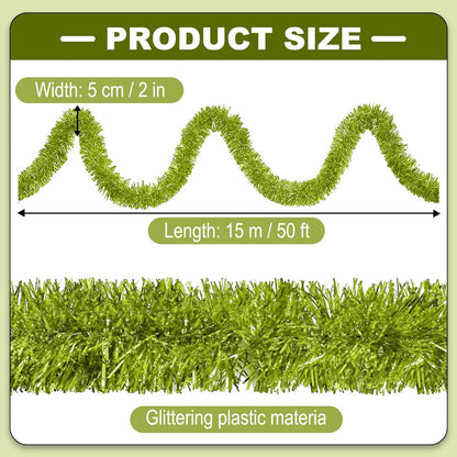 50 Feet Metallic Twist Tinsel Garland - Wall Hanging Backdrop for Parade Floats, Christmas Eve, New Year, Valentine's Day Parties (Light Green, 2in x 50ft)