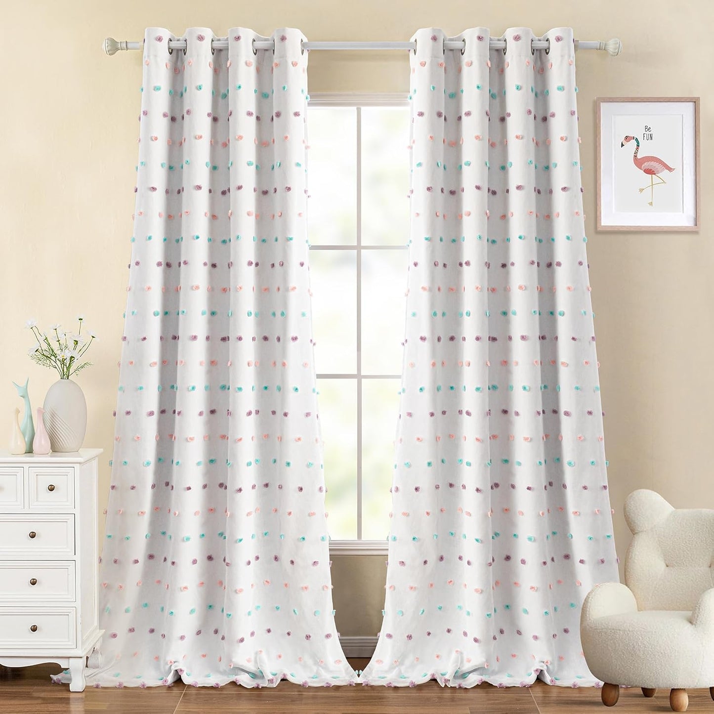 MYSKY HOME Total Blackout Curtains for Living Room 95 Inch Long 100% Light Blocking Curtains for Bedroom 2 Panels Set Privacy Protect Grommet 2 Layered Drapes with Rainbow Pom Pom Sheer 52W x 95L