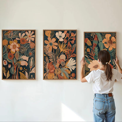 Tinonedraw Vintage Burnt Orange Floral Framed Canvas Wall Art Set of 3, Boho Chic Flower Artwork, Mid Century Modern Plant Wall Decor, Colorful Neutral Botanical Art Prints for Bedroom Living Room Office 16"x24"
