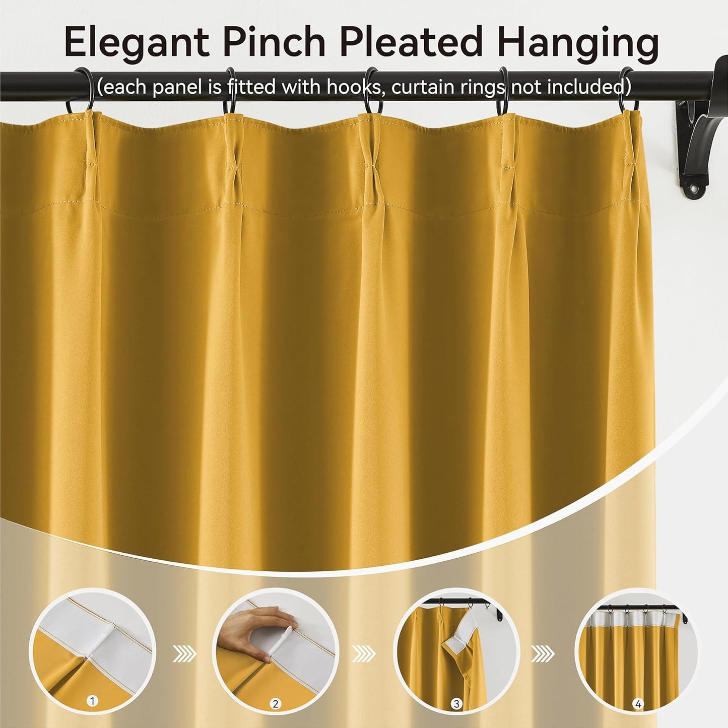 KangBang Gold Yellow Blackout Curtains for Bedroom 2 Panels, Light Blocking Pinch Pleat Vertical Drapes with Hooks for Flat/Apartment Office, Solid Privacy Assured Elegant Modern Decor,40x84 Inch