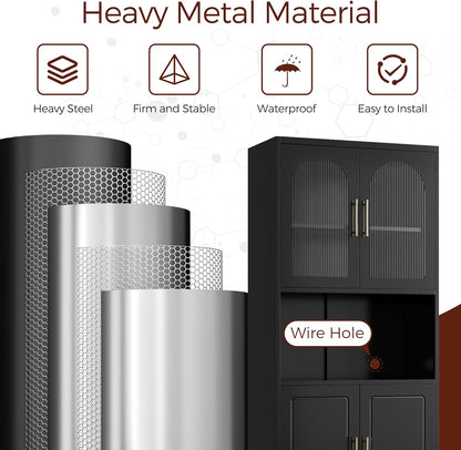 75" Tall Kitchen Pantry Cabinet, Metal Storage Cabinets with Acrylic Doors and Adjustable Shelves, Hutch Cabinet with Storage, Black Microwave Stand Cabinets for Dining Living Room