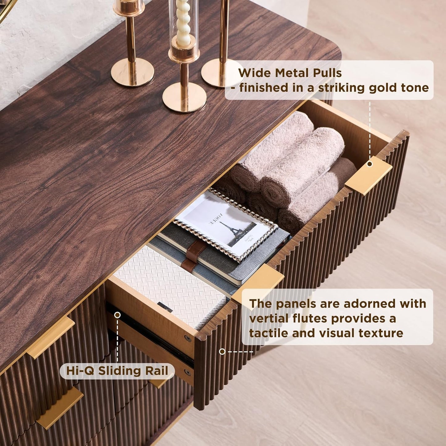 T4TREAM Fluted 6 Drawers Dresser for Bedroom, 54" Wide Modern Dresser TV Stand, Gold Accents, Fluted Fronts, Wood Storage Dressers Organizer for Bedroom, Living Room, (Dark Walnut)