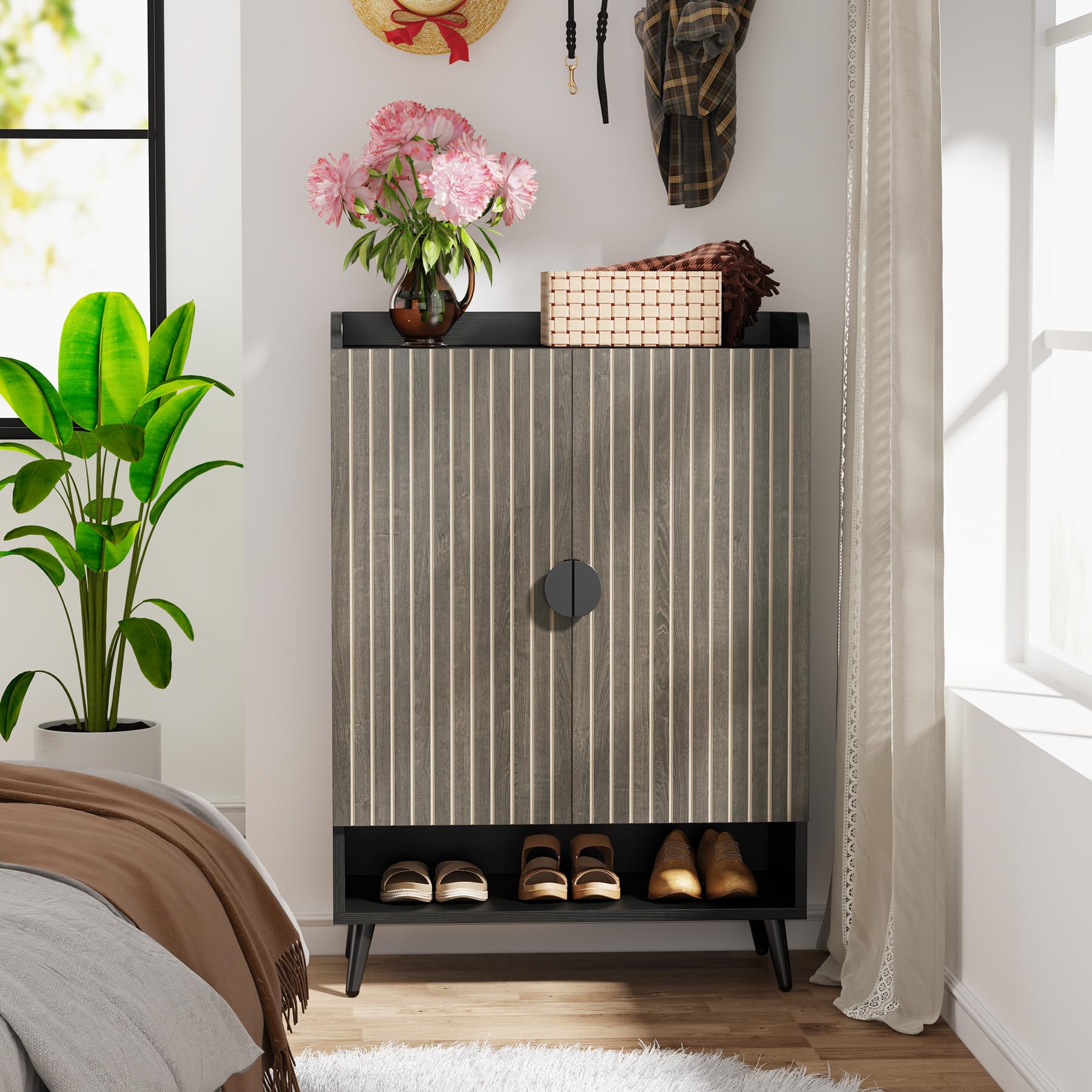 Tribesigns Shoe Cabinet with Doors, 7-Tier Shoe Storage Cabinet with Adjustable Shelves, Wooden