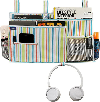 Surblue Bedside Caddy Hanging Bed Organizer Storage Bag Pocket for Bunk and Hospital Beds, College Dorm Rooms Baby Bed Rails, Camp 8 Pockets, (Large, Green Stripe)