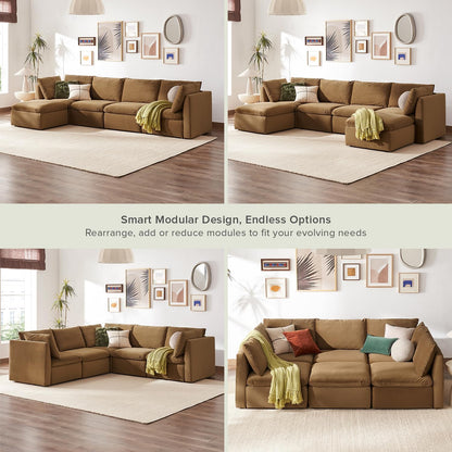 mopio Oversized Modular Sectional Sofa with Fully Removable Covers and Storage, Convertible U, L-Shaped and Sleeper Sectional, Modern Couches with Ottoman Chaise (Hazelnut Velvet, 5 Seats, L)