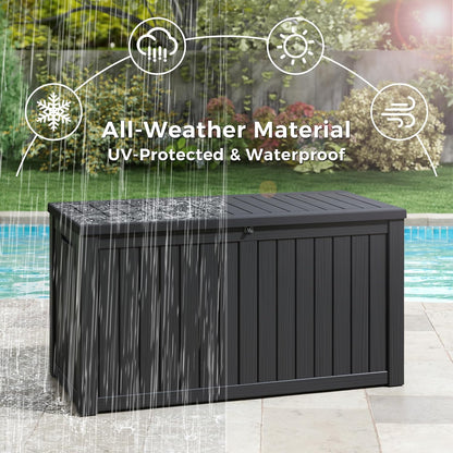 NUNU LAB 150 Gallon Outdoor Storage Box,Resin Large Sturdy Deck Box, Backyard Outside Storage Box Waterproof with Double Wall Panels,Package Delivery Garden Outdoor Hose Storage Bin