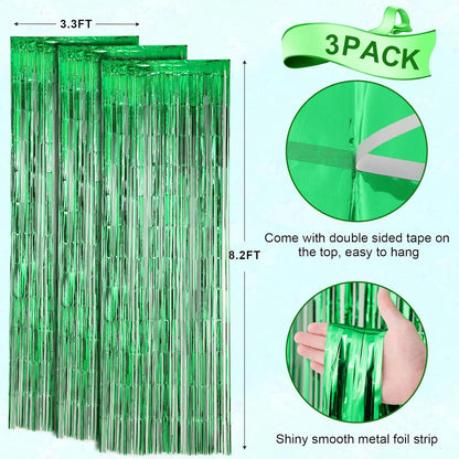3 Pack 3.3x8.2 Feet Green Foil Fringe Backdrop Curtains, Tinsel Streamers Birthday Party Decorations, Fringe Backdrop for Graduation, Baby Shower, Gender Reveal, Disco Party