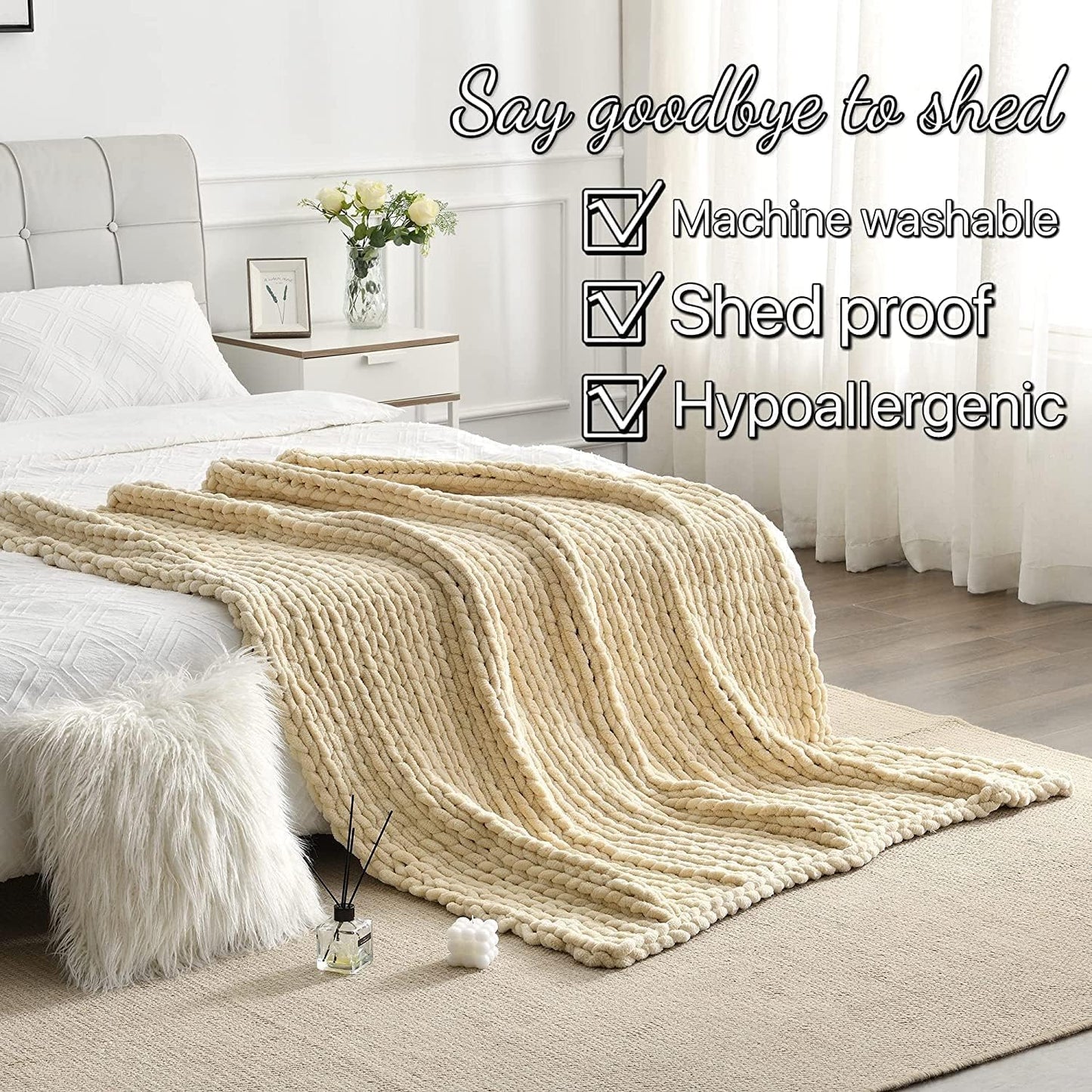 Maetoow Tighter Version Chenille Chunky Knit Blanket Throw （50×60 Inch）, Handmade Warm & Cozy Blanket Couch, Bed, Home Decor, Soft Fleece Banket, Boho Thick Blankets and Giant Yarn Throws，Beige