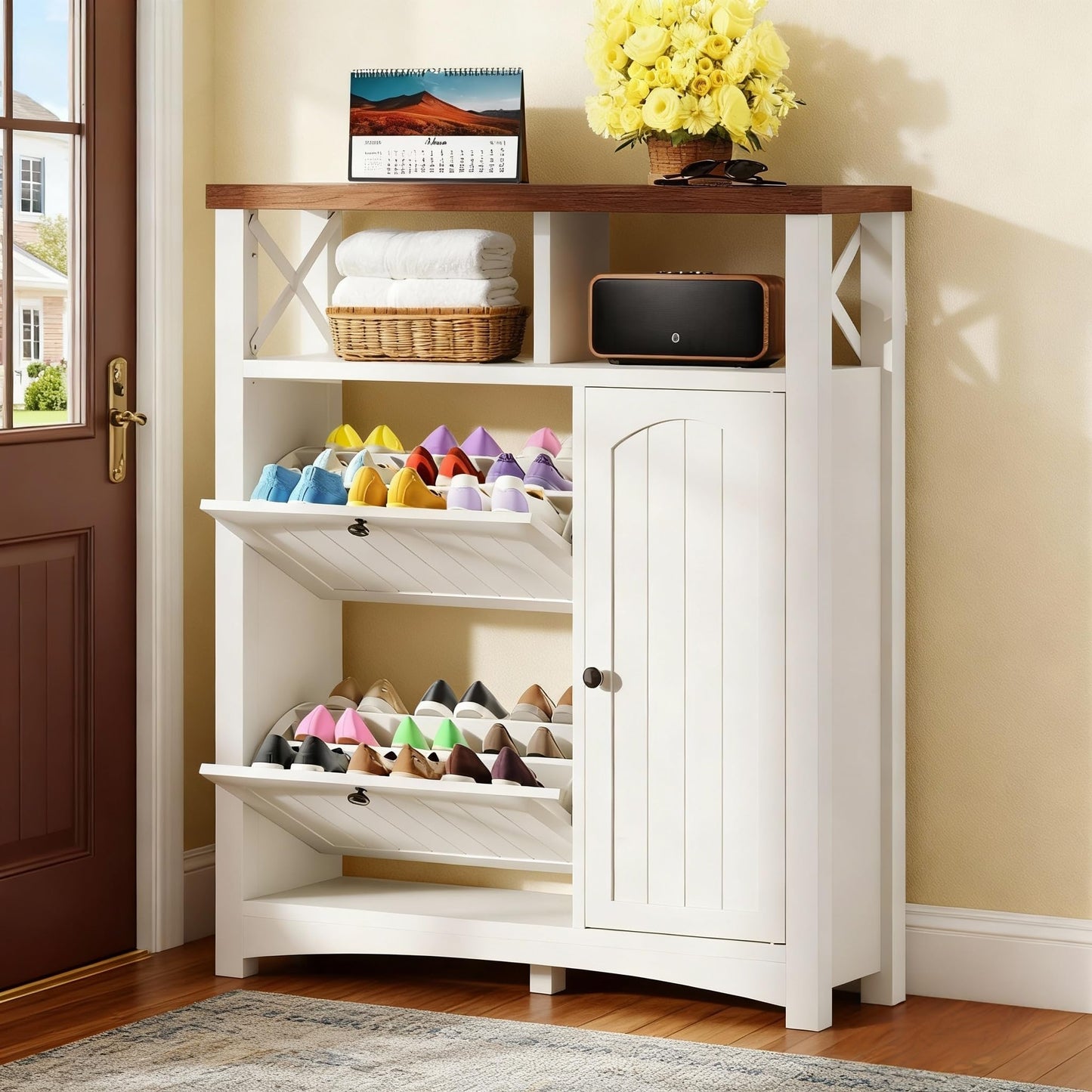 YITAHOME Farmhouse Shoe Cabinet with 2 Flip Drawers, Wood Shoe Rack w/Adjustable Shelves and Open