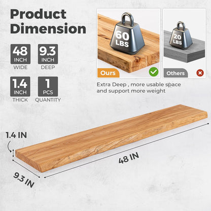RICHFOCUS Live Edge Elm Floating Shelves - 48" W x 9.3" D Rustic Solid Wood Wall Shelves with Invisible Bracket, Wall-Mounted for Living Room, Bedroom, Kitchen Storage & Display, Set of 1, Natural