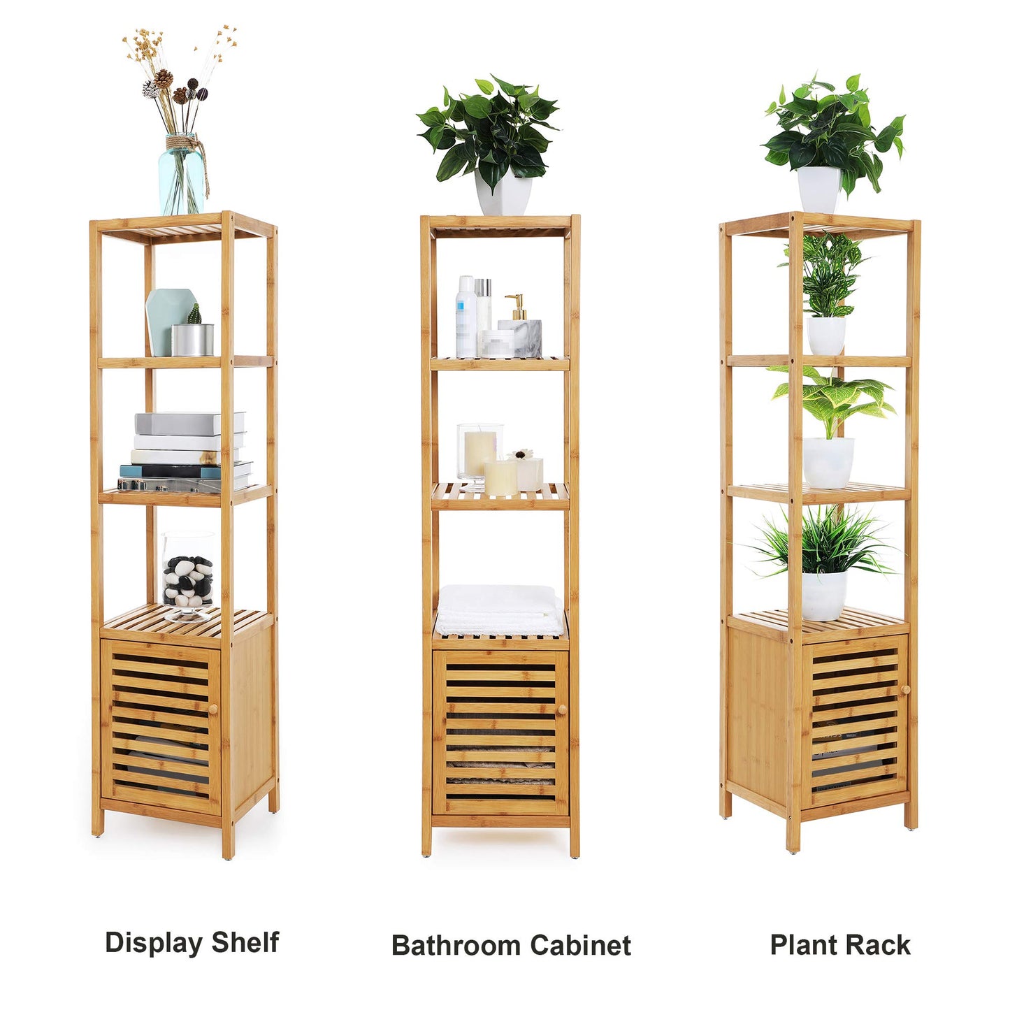 SONGMICS Bamboo Bathroom Storage Floor Cabinet, 4 Tiers Multifunctional Floor Shelving Unit, Free