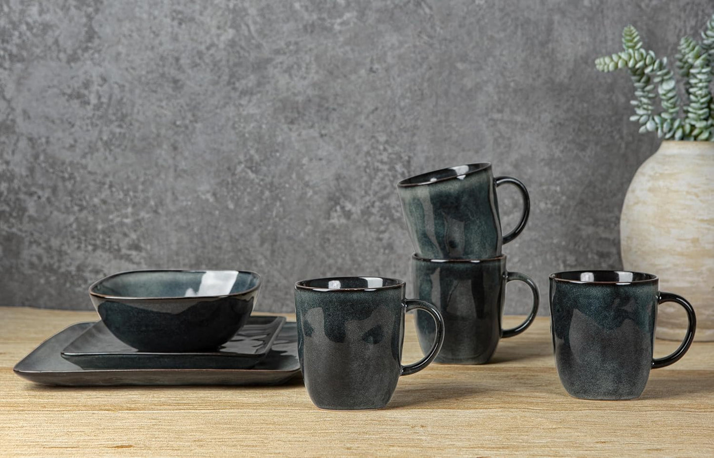 famiware Coffee Mugs Set of 4, Ocean Square 13oz Coffee Cup Set with Handle for Cocoa, Milk, Hot Chocolate, Stoneware Cups for Kitchen, Reactive Glaze, Microwave and Dishwasher Safe, Deep Forest