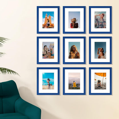 Vittanly 8x10 Picture Frame Set of 9 - Display 5x7 Photos with Mat or 8x10 Without Mat, Wall Mount & Tabletop Frames for Home Decor, Horizontal or Vertical (Blue)