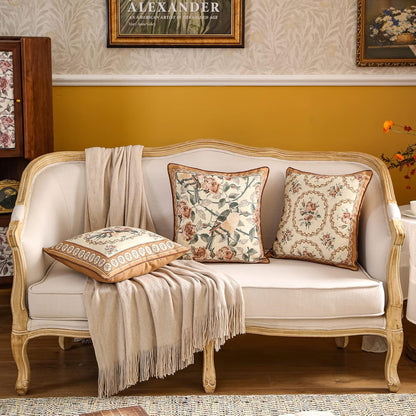 patdrea Designer Vintage Floral Throw Pillow Covers for Couch Set of 4,Brown Yellow Linen Pillowcases with Bird and Rose Pattern Decorative Cushion Cover for Bedroom Living Room Outdoor Car Cafe