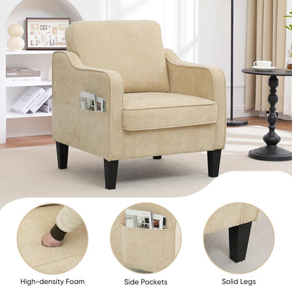 Accent Chair for Living Room, Mid Century Modern Reading Chair for Bedroom, Upholstered Armchair with Side Pockets, Comfy Single Sofa Side Chair for Office, Apartment, Small Room, Light Brown