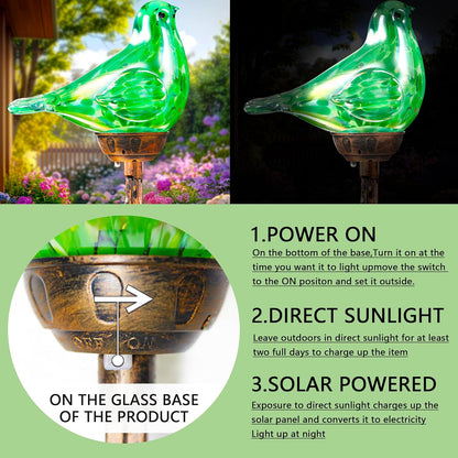 Decorative Solar Lights Outdoor Solar Bird Stake Lights Hand Blown Glass Decorative Garden Pathway Lights Outdoor Waterproof Glass Stakes (Green)
