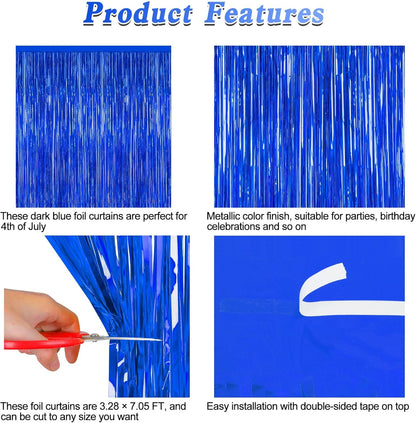2 PCS Tinsel Backdrop, 3.28 FT x 7.05 FT Dark Blue Backdrop Curtains, Metallic Passover Fringe Curtains Party Streamer, Navy Blue Party Decorations Photo Props