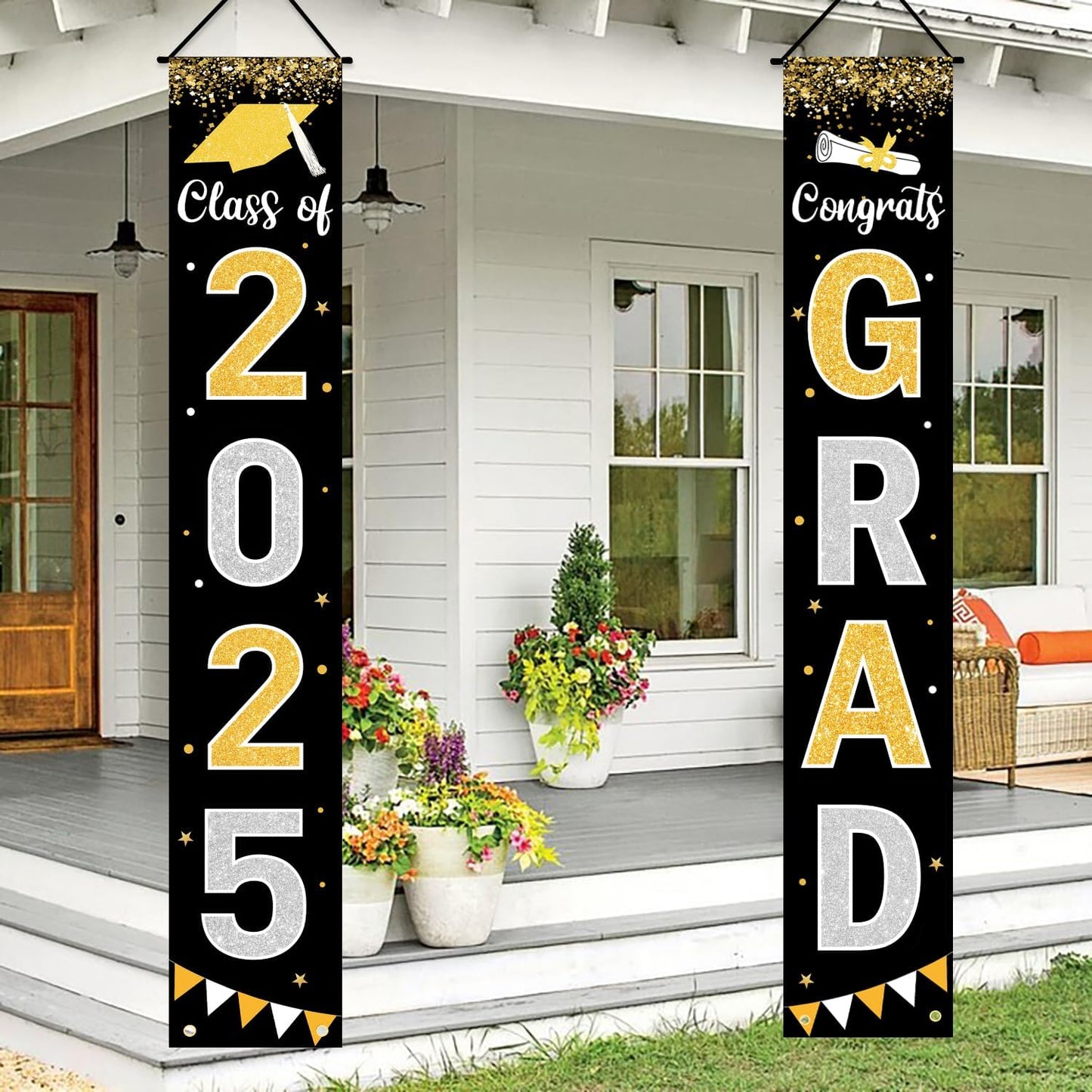 Graduation Decorations 2025 GRAD Banner Black Porch Door Sign Welcome Banner For Indoor Outdoor Wall Graduation Decorations Class of 2025