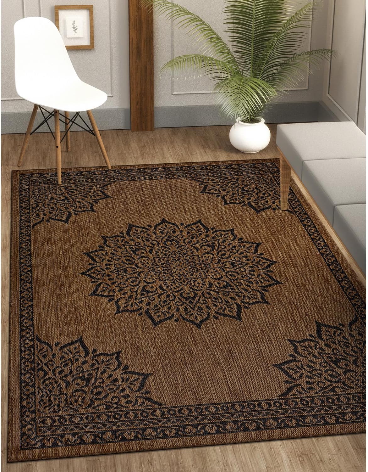 CAMILSON Outdoor Rug, 5x7 Medallion Nut Brown Black Modern Area Rugs for Indoor and Outdoor Patios, Kitchen and Hallway Mats, Washable Porch Deck Outside Carpet (Medallion Nut Brown Black, 5 x 7)