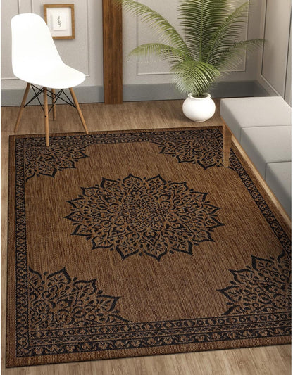 CAMILSON Outdoor Rug, 5x7 Medallion Nut Brown Black Modern Area Rugs for Indoor and Outdoor Patios, Kitchen and Hallway Mats, Washable Porch Deck Outside Carpet (Medallion Nut Brown Black, 5 x 7)