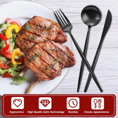 Matte Black Silverware Set, 40-Piece Stainless Steel Flatware Set, Tableware Cutlery Set Service for 8, Satin Finish Utensils Set, Knife Fork Spoon Set for Home and Restaurant, Dishwasher Safe