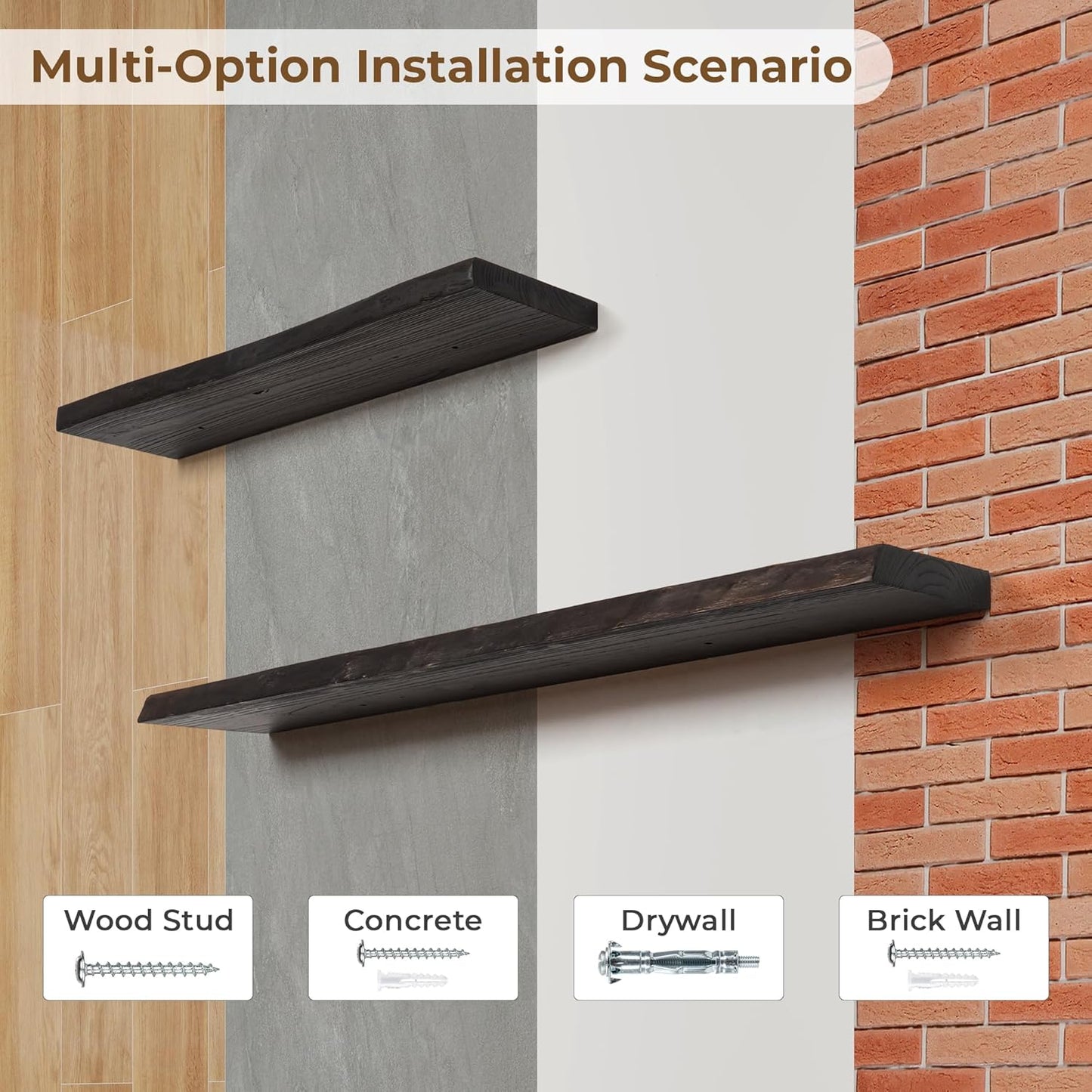 Axeman 32 inch Floating Shelves for Wall - 8'' D Live Edge Rustic Solid Elm Wood Floating Shelves Wall Mounted, Wall Shelves with Invisible Bracket for Living Room Bedroom Kitchen, Set of 2 Walnut