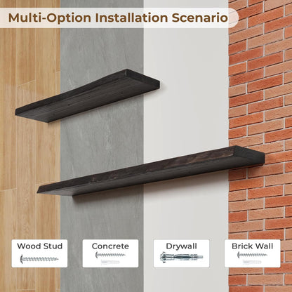 Axeman 48 inch Floating Shelves for Wall - 8'' D Live Edge Rustic Solid Elm Wood Floating Shelves Wall Mounted, Hanging Shelves with Invisible Bracket for Living Room Bedroom Kitchen, Walnut