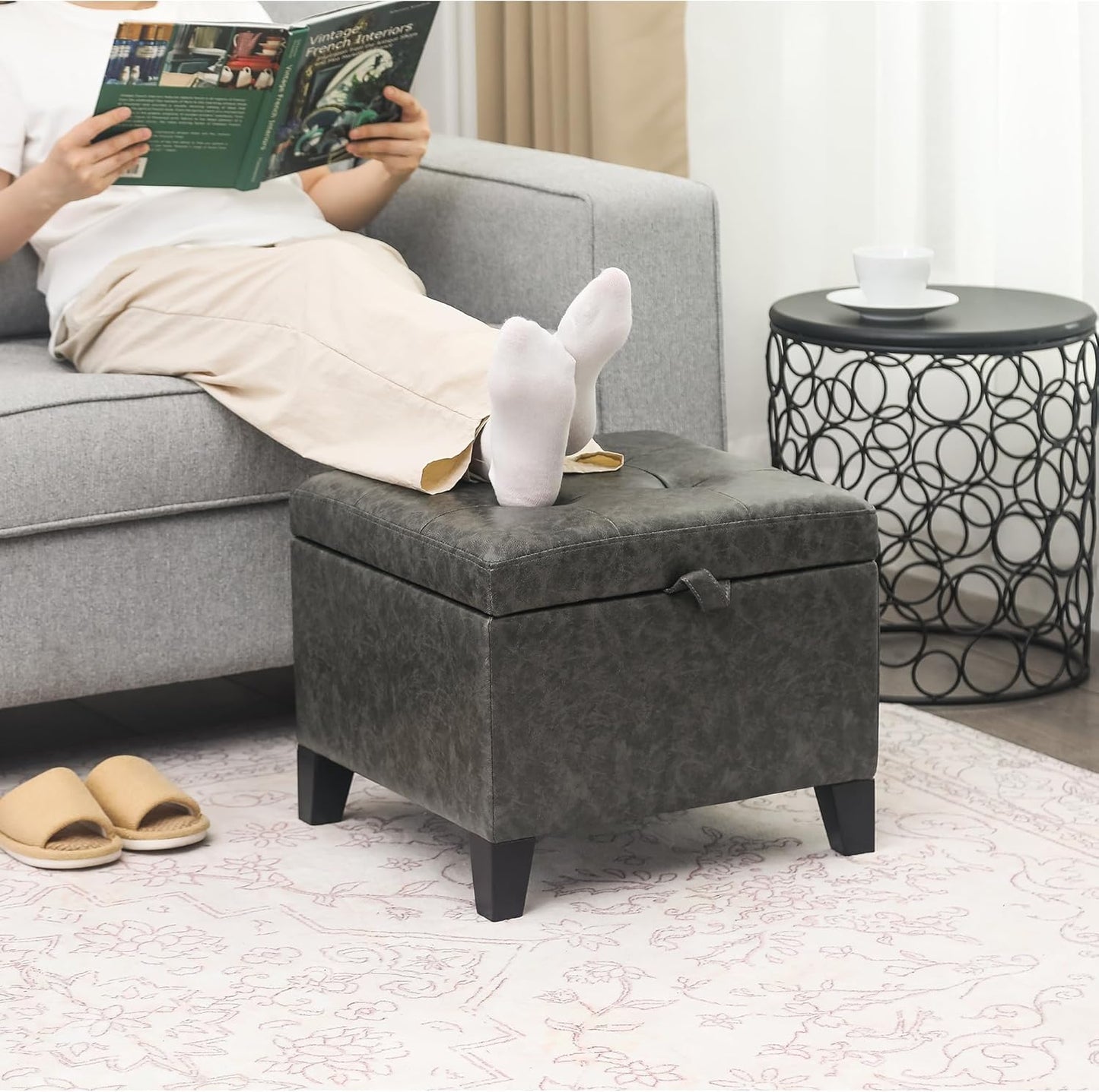 Adeco Faux Leather Storage Ottoman Bench with Wood Legs, 17.7" Square Mixed Grey PU Cube Foot Stool, Upholstered Button Tufted Vanity Chair with Hinged Lid for Living Room, Bedroom, Dorm