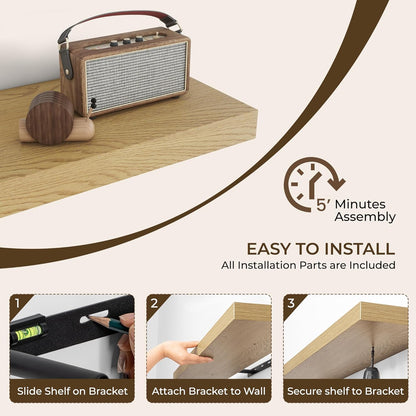 RICHFOCUS 72Inch Floating Shelves for Wall 2 Pack Shelves for Bedroom|Kitchen|Bathroom Wall Mounted Rustic Wood Floating Shelf with Invisible Brackets for Books|Storage|Decor, Oak