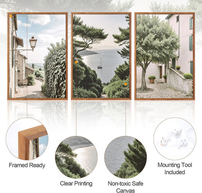 Aurlan Neutral Italy Cityscape Gallery Framed Wall Art(16"x24"), 3PCS Vintage Mediterranean Countryside Landscape Canvas Artwork, Large Town Coast Streets Travel Decor Prints for Office Home