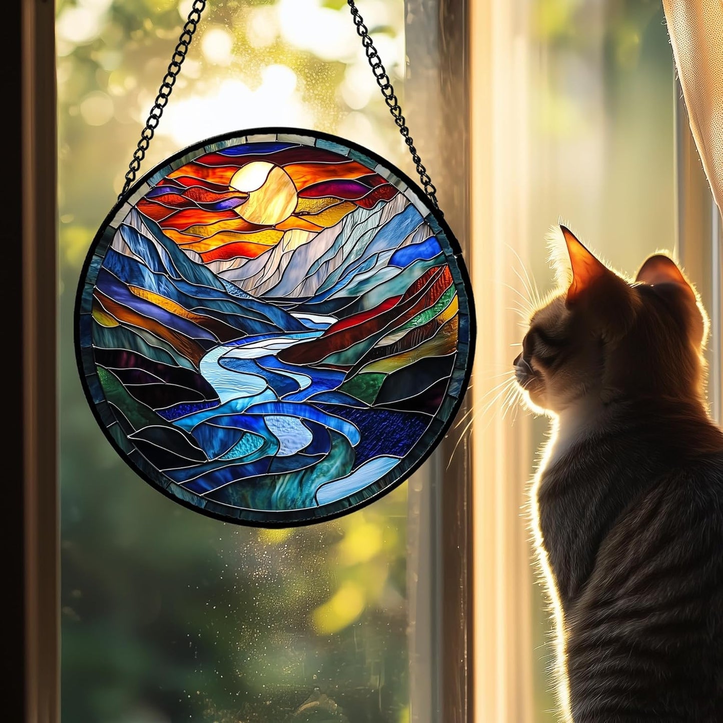Stained Glass Window Hanging, Canyon Mountains Sunset View Sun Catcher for Window Home Decor Landscape Suncatcher Mother's Day Birthday Gifts for Women Men Mom and Nana 7.8 in