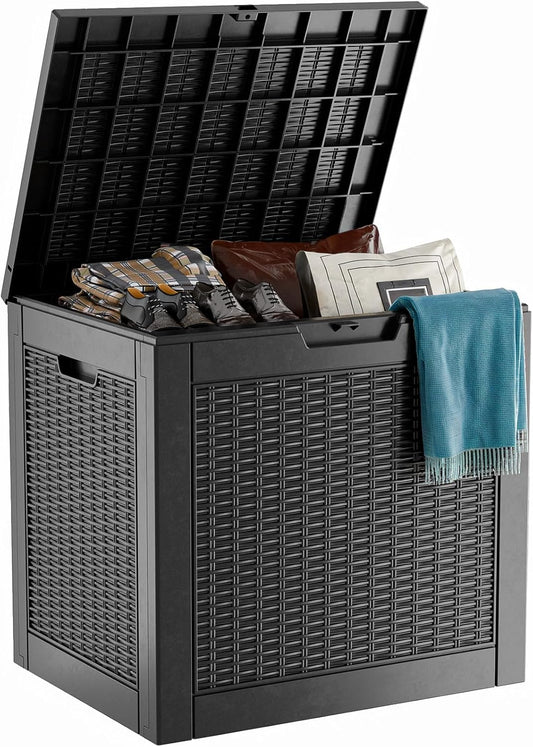 DRATO 31 Gallon Deck Box, Outdoor Storage Box for Patio Cushion, Sports Equipment, Garden Tools, Waterproof Resin Storage Box (Black)