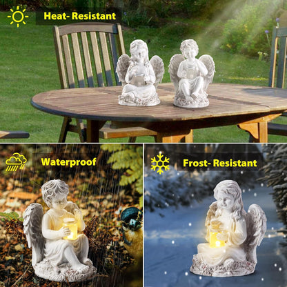 2 Pack Outdoor Angel Statue Garden Decor, Classic Solar Angel Figurine Decoration for Yard Art Indoor Porch Home Lawn Outside Light up Cherub Sculpture Guardian Wings Memorial Gifts
