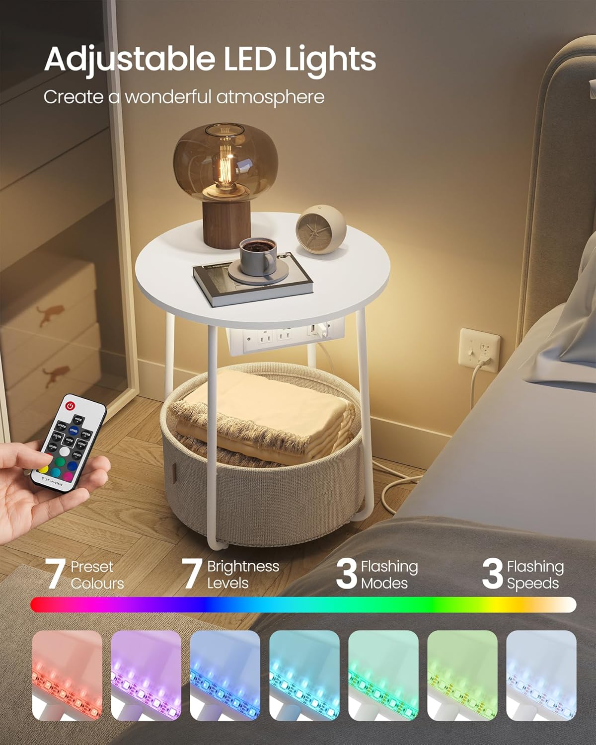 VASAGLE Side Table with Charging Station, Round End Table with Fabric Basket, LED Nightstand with Power Outlets, USB Ports, for Living Room, Bedroom, Modern, Matte White and Camel Brown ULET227W01