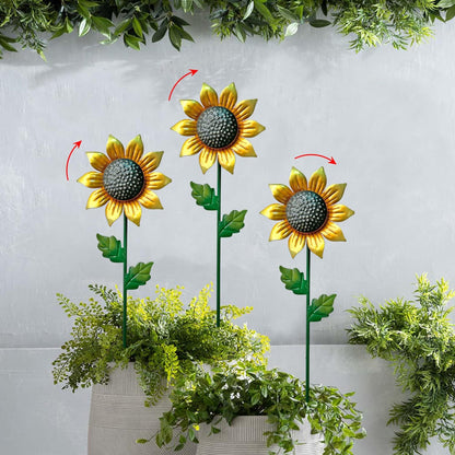 WAIU Metal Sunflower Flower Garden Stakes, Wind Catcher Spinner Garden Stakes, Garden Windmill Stakes Outdoor Wind Catchers, Yard Decor Stakes, Set of 3