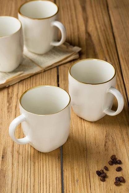 famiware Coffee Mugs Set of 4, Ocean Square 13oz Coffee Cup Set with Handle for Cocoa, Milk, Hot Chocolate, Tea, Water, Stoneware Cups for Kitchen, Microwave and Dishwasher Safe, Vanilla White