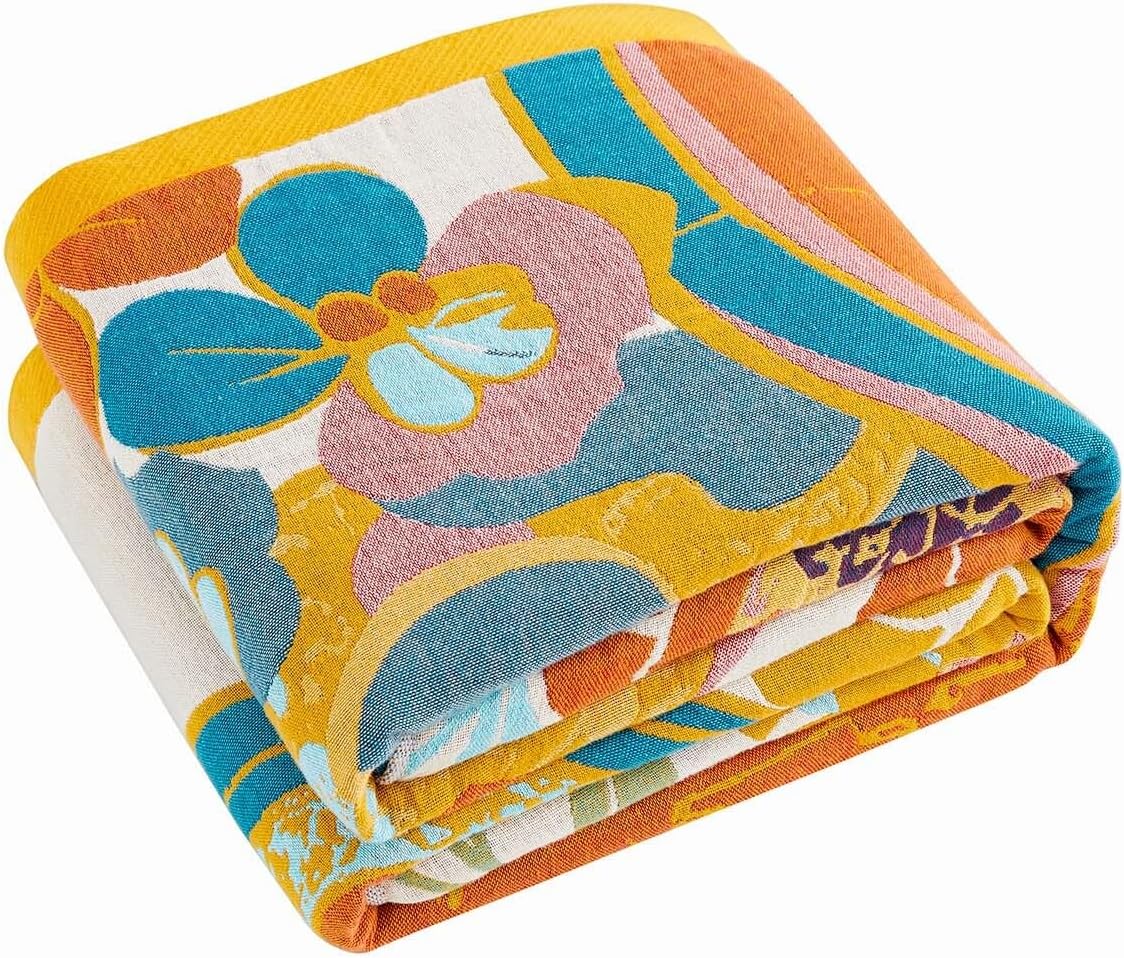 Boho Throw Blanket, Lightweight Blankets for Summer, 100% Cotton Bohemian Decorative Throw Blanket, 90"x98" Reversible Muslin Breathable Woven Farmhouse Blankets Quilt,