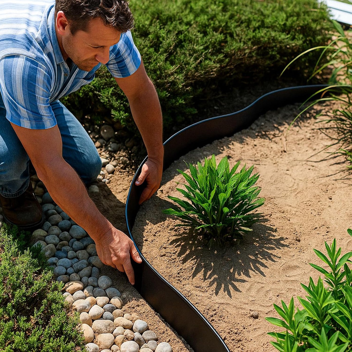 Greaner 6 Inch Tall Landscape Edging Border, 40FT Border Edge for Landscape with 71 PCS Spikes, Plastic Yard Edging for Flower Beds, Paver Pathway, Lawn, Walkway(Black)