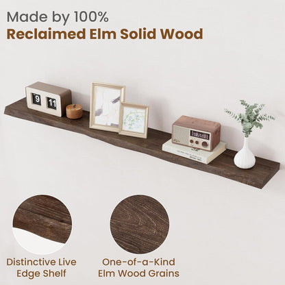 Floating Shelves for Wall Decor, Rustic Solid Elm Wood Live Edge Floating Shelves Wall Mounted, Wall Shelves with Invisible Bracket for Living Room Bathroom Bedroom Kitchen, 55 Inch, Walnut