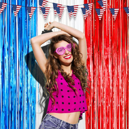 3 Pack 3.3 x 8.2 ft Red White and Blue Foil Fringe Backdrop Curtains, Tinsel Streamers Party Decorations, Fringe Backdrop for Patriotic, Memorial Day, 4th of July, Independence Day