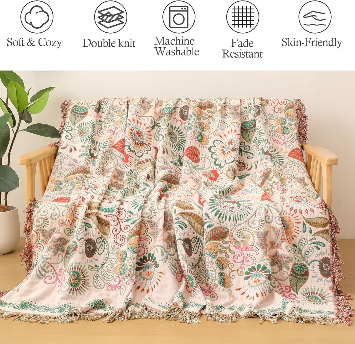Snycler Cotton Bed Throw with Tassels, Double-Sided Bohemian Spring Flowers Plants Throws for Sofas, 80x90 inch Woven Warm Blanket for Single Sofa, Bedspread and Settee Couch Travel Green