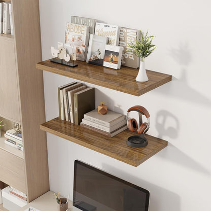 32" Floating Shelves for Wall, 12" Deep Slim Walnut Floating Shelves, Wall-Mounted Shelves for Bedroom, Living Room, Kitchen, Bathroom - Set of 2