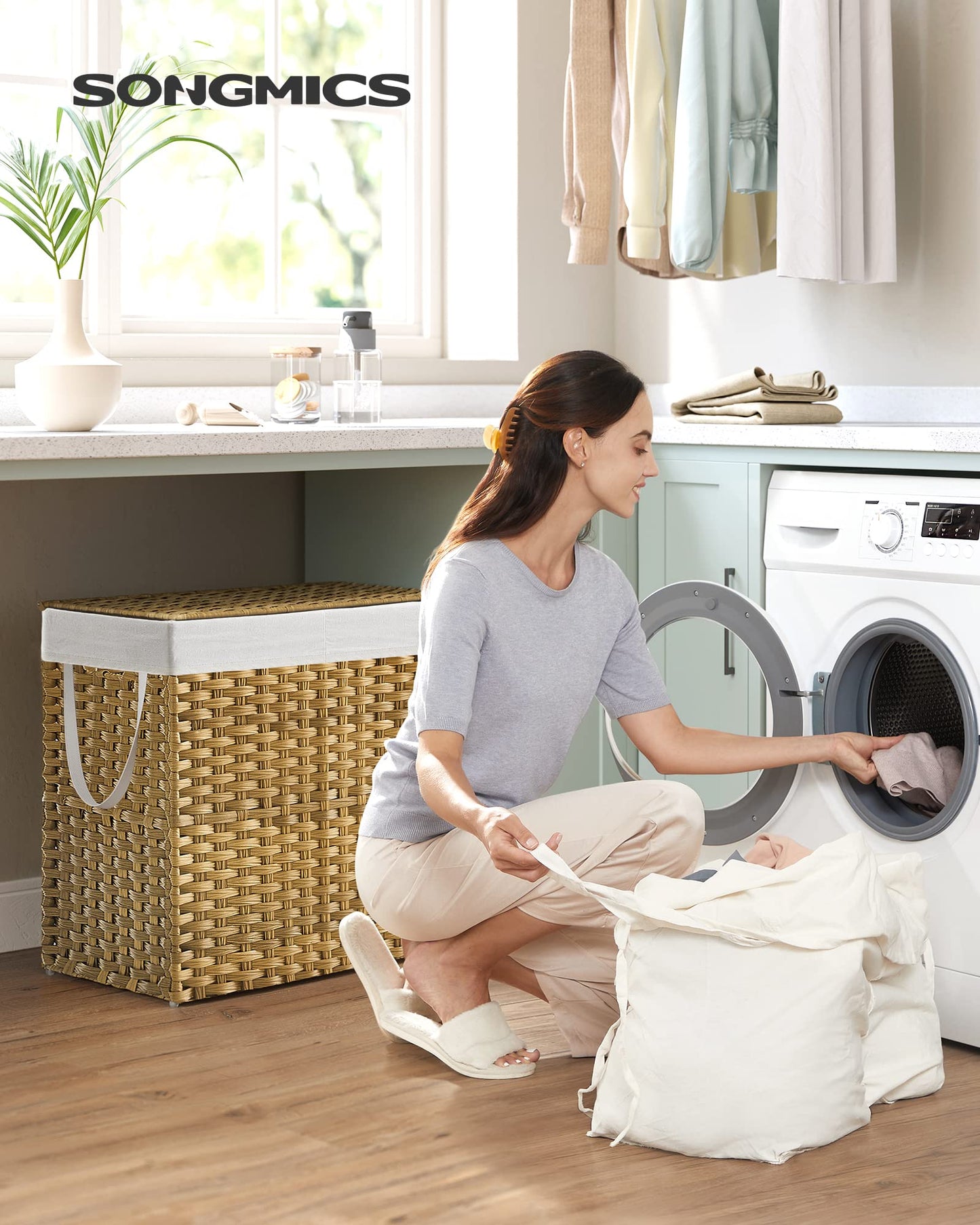 SONGMICS Laundry Hamper with Lid, 130L Double Wicker Basket, 6 Mesh Bags