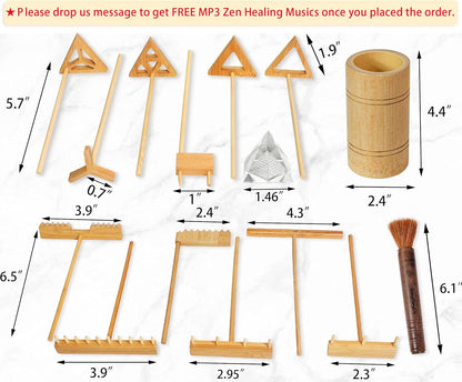 Zen Garden Rake Tool Kit - Miniature Tabletop Japanese Rock Sand Zen Garden Accessories Mini Bamboo Sand Stamp Rakes for Zen Pattern with Holder Crystal Pyramid Meditation Stress Relief Zen Gifts