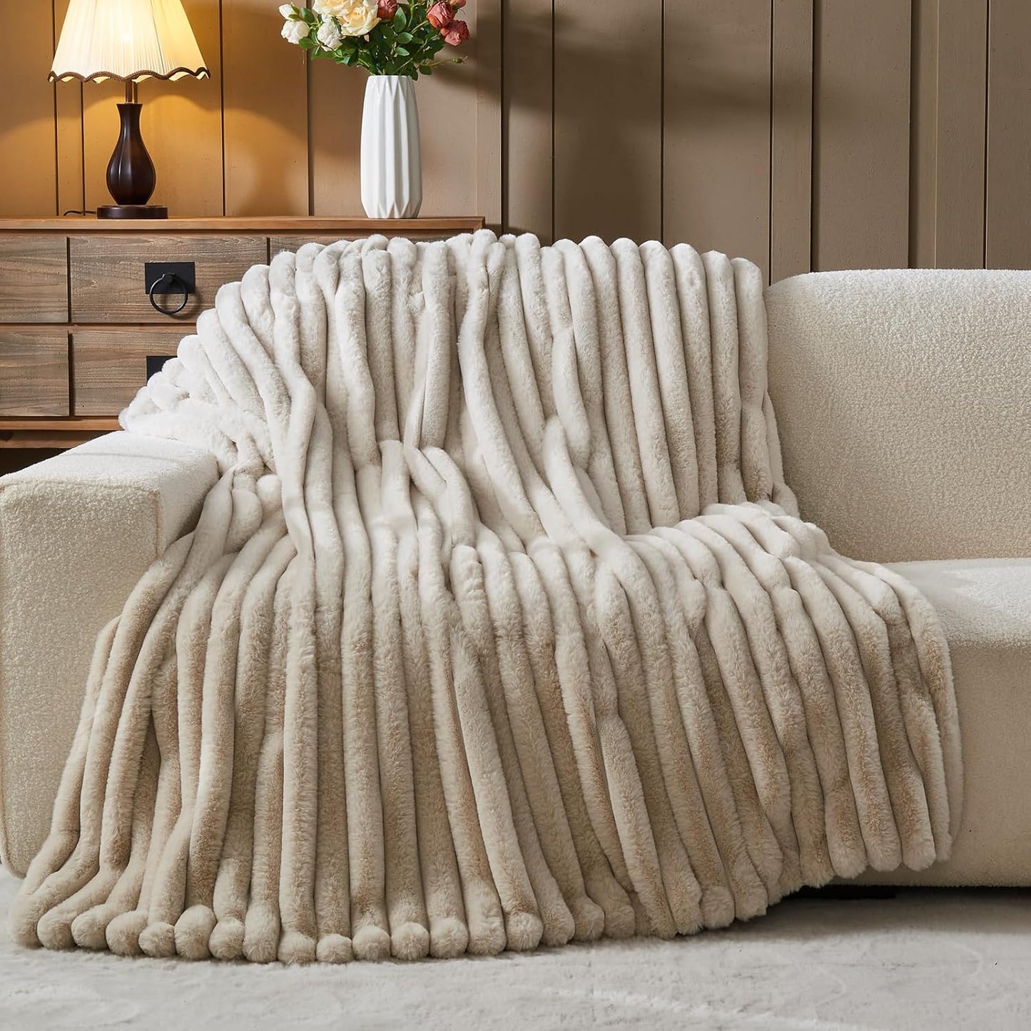 NEWCOSPLAY Faux Fur Twin Blanket Linen 3D Ribbed Plush Thick Warm Blanket for Couch Sofa Bed 850GSM (Linen Ribbed, Twin(60"x80"))