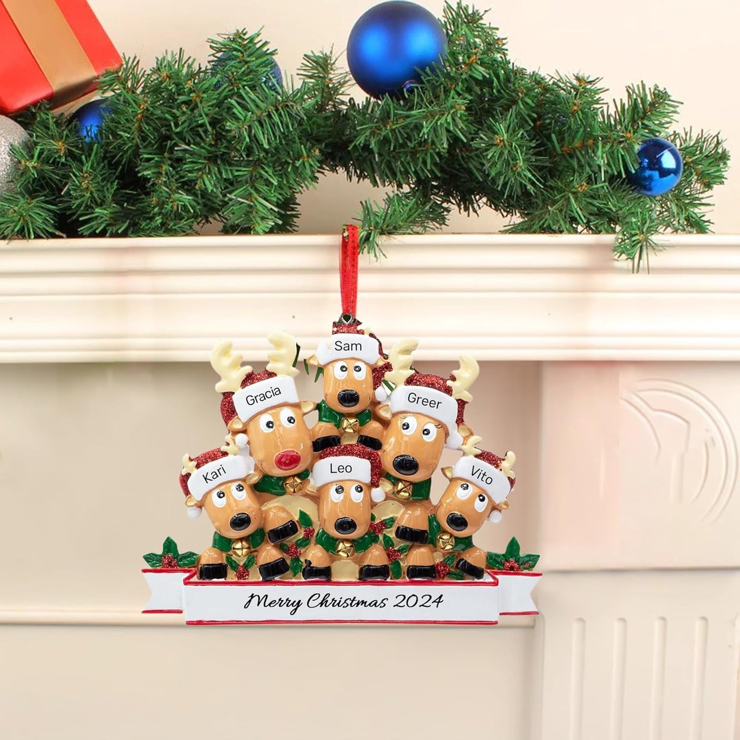 Personalized Christmas Ornaments 2025, Custom Reindeer Family Ornaments for Trees with Names, Handcrafted Christmas Deer Decorations for 2-8 Members, Meaningful Xmas Family of 6